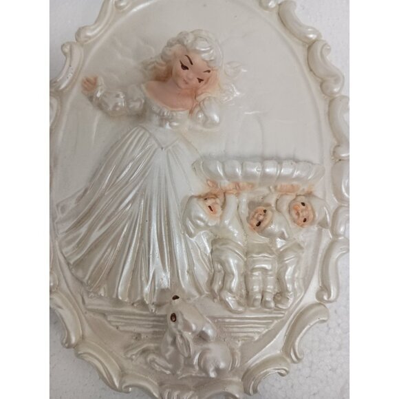 VTG Chalkware Pearlized 3D Wall Plaque Girl Cherubs & Deer Mid Century Modern - Picture 2 of 7